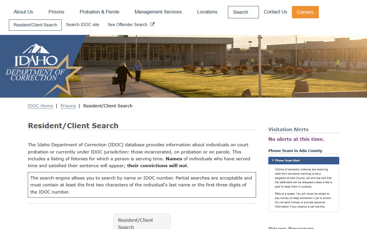Caribou County inmate population IDOC resident client search fields